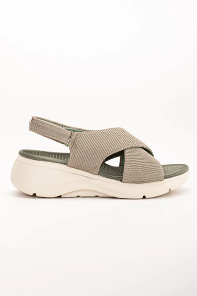 Keten Malzeme Faylon Haki Kadın Dolgu Taban Sandalet - Resim 3