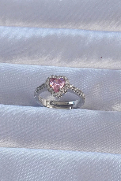 MuI MuI Pirinç Gümüş Renk Pembe Zirkon Taşlı Ayarlanabilir Charm Yüzük