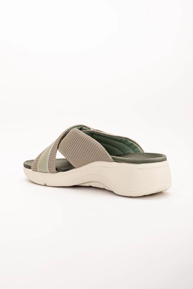 Keten Malzeme Faylon Haki Kadın Dolgu Taban Terlik - Resim 5