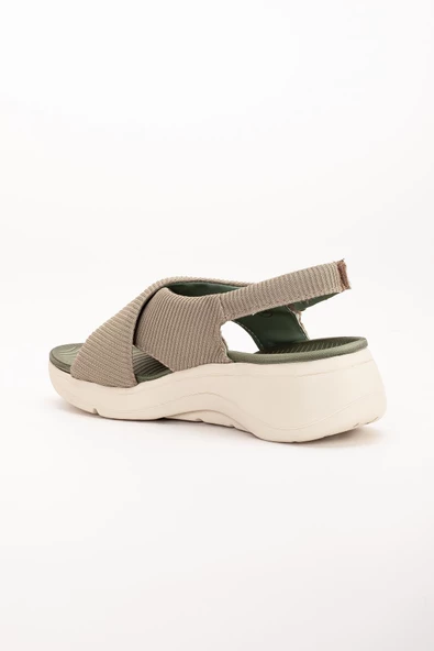 Keten Malzeme Faylon Haki Kadın Dolgu Taban Sandalet - Resim 5