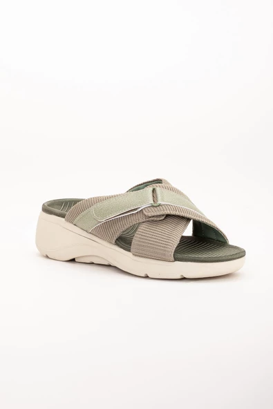Keten Malzeme Faylon Haki Kadın Dolgu Taban Terlik - Resim 4