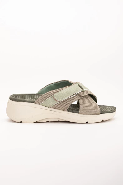 Keten Malzeme Faylon Haki Kadın Dolgu Taban Terlik - Resim 3