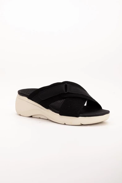 Keten Malzeme Faylon Siyah Kadın Dolgu Taban Terlik - Resim 4