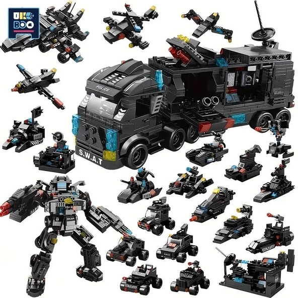 Şehir Özel Harekat 20.32 cm 3 Polis Karakolu Kamyon lego, Makine Helikopter Araba Figürleri, Eğitici Oyuncak 6 yaş 585 p