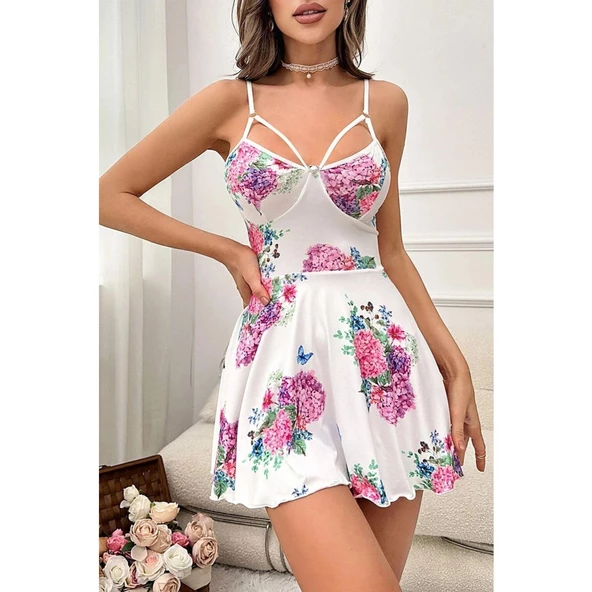 Lucky Life Beyaz Pırıltı Çiçekli Askılı Mini Gecelik - 6