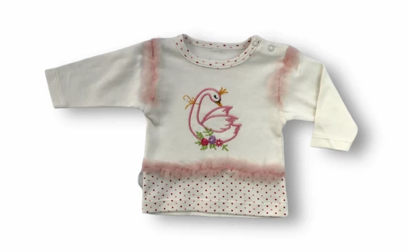 Kraliçe Kuğu Nakışlı Bandajlı Uzun Kollu Sweatli 3lü Kız Bebek Takımı Ekru - Resim 2