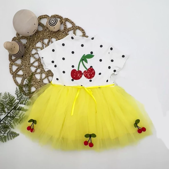 Petli Kiraz Nakışlı Kiraz Etekli Kız Bebek Tütü Elbisesi Sarı