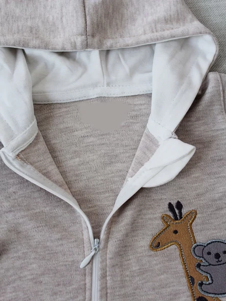 Ef Çizgi Boy Fermuarlı Zürafa Nakışlı Kapşonlu Kız Erkek Bebek Tulumu Kahvemelanj - Resim 4