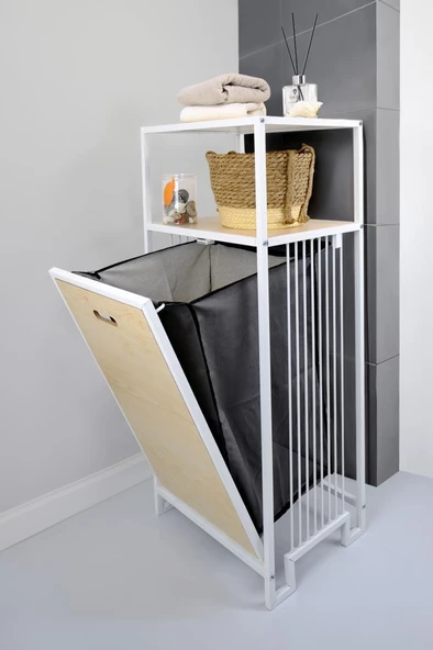 Digithome Metal Kirli Sepetli 2 Raflı Çok Amaçlı Banyo Düzenleyici Raf Organizer Akçaağaç – MRS-006 C1-1-369