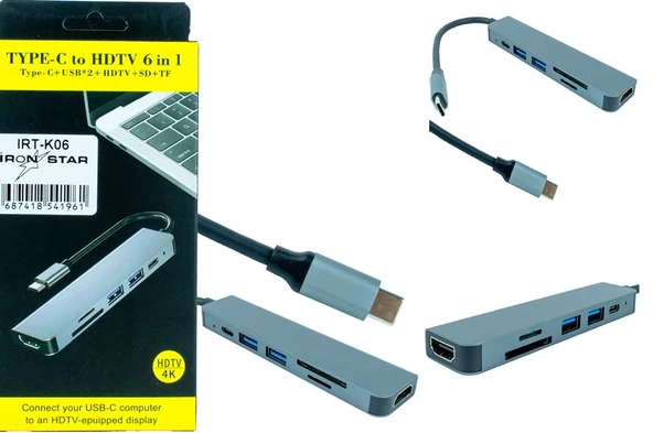 IRONSTAR IRT-K06 6 İN 1 TYPE-C TO USBx2 + SD + TF + PD + HDMI;Class