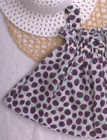 Şapkalı Böğürtlenli Esnek Kız Bebek Elbisesi - 4