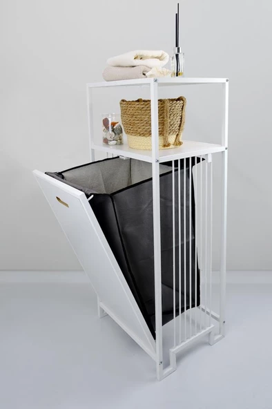 Digithome Metal Kirli Sepetli 2 Raflı Çok Amaçlı Banyo Düzenleyici Raf Organizer Beyaz – MRS-007 C1-1-369