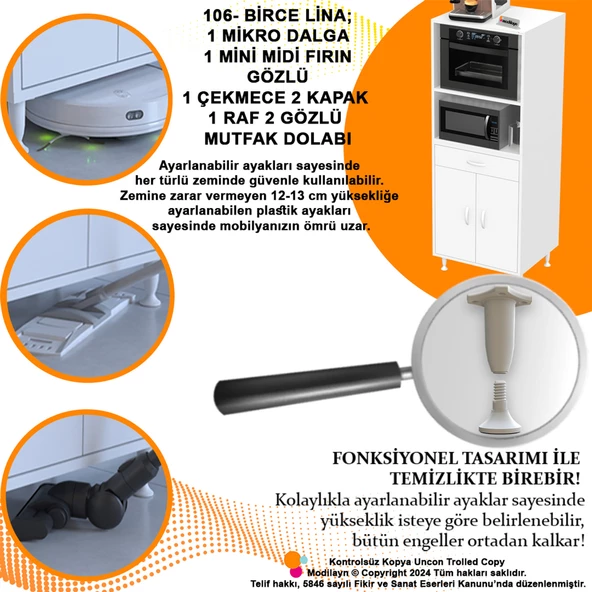 Modilayn BİRCE LİNA M-60 x 162,4 x 48 cm Çekmeceli Çok Amaçlı Fırın ve Banyo & Mutfak Dolabı - 6