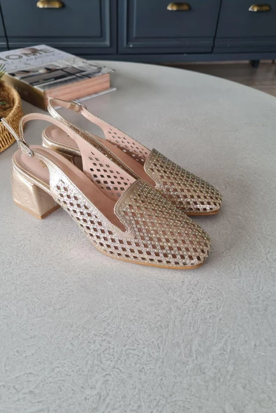 036 8080 Topukla Kadın Kalın Topuklu Taş Detaylı Arkası Açık Abiye Ayakkabı - 4