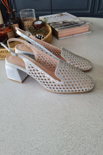 036 8080 Topukla Kadın Kalın Topuklu Taş Detaylı Arkası Açık Abiye Ayakkabı - 12