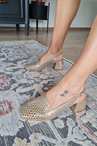 036 8080 Topukla Kadın Kalın Topuklu Taş Detaylı Arkası Açık Abiye Ayakkabı - 2