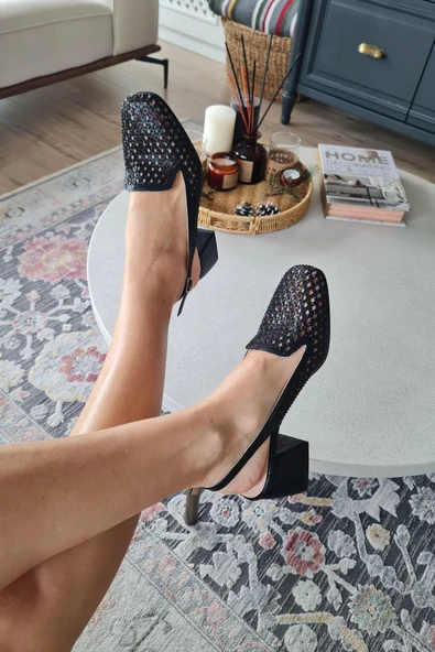 036 8080 Topukla Kadın Kalın Topuklu Taş Detaylı Arkası Açık Abiye Ayakkabı - 8