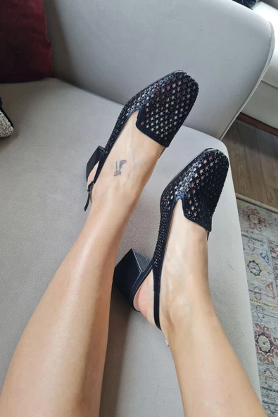 036 8080 Topukla Kadın Kalın Topuklu Taş Detaylı Arkası Açık Abiye Ayakkabı - 5