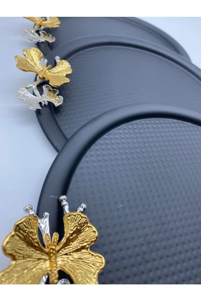 3'lü Kelebekli Yuvarlak Siyah Çay ve Kahve Sunum Tepsisi, Dekoratif Servis Tepsisi 22cm Tek kişilik - 2