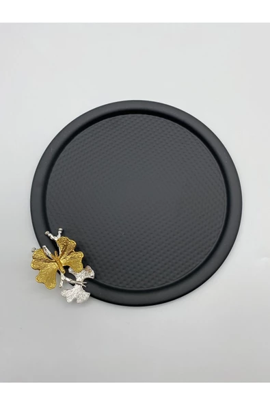 3'lü Kelebekli Yuvarlak Siyah Çay ve Kahve Sunum Tepsisi, Dekoratif Servis Tepsisi 22cm Tek kişilik - 3
