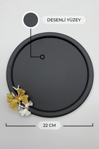 3'lü Kelebekli Yuvarlak Siyah Çay ve Kahve Sunum Tepsisi, Dekoratif Servis Tepsisi 22cm Tek kişilik - 4