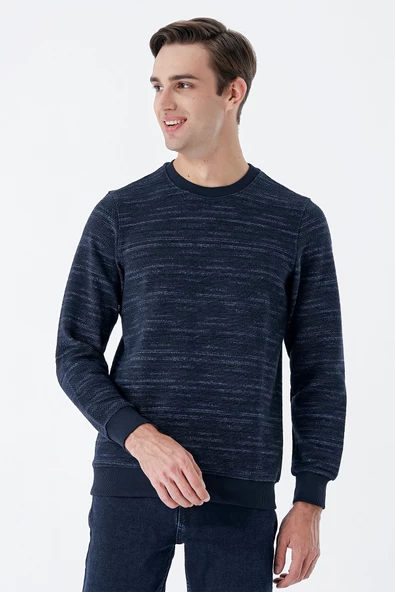 İndigo Mavi Uzun Kollu  Örme Bisiklet Yaka   Likralı Casual Comfort Fit Sweatshirt 1013235105