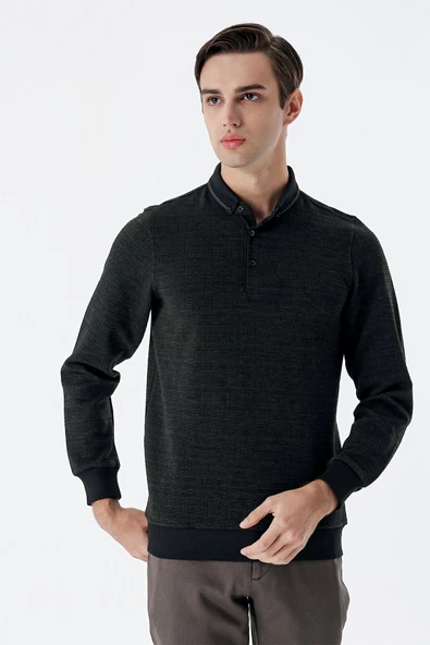 Koyu Haki Uzun Kollu Desenli Örme Polo Yaka   Likralı Casual Comfort Fit Sweatshirt 1013235106 - 4