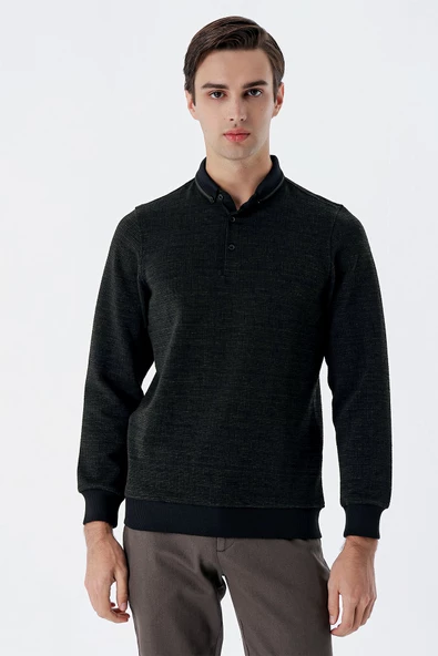 Koyu Haki Uzun Kollu Desenli Örme Polo Yaka   Likralı Casual Comfort Fit Sweatshirt 1013235106 - 3