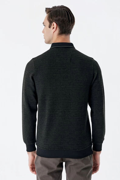 Koyu Haki Uzun Kollu Desenli Örme Polo Yaka   Likralı Casual Comfort Fit Sweatshirt 1013235106 - 6