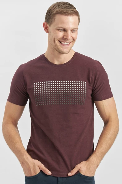 Mürdüm Baskılı Bez Ayağı Bisiklet Yaka Cepli %100 Pamuk Slim Fit Dar Kesim Tişört 1011240182 - 1