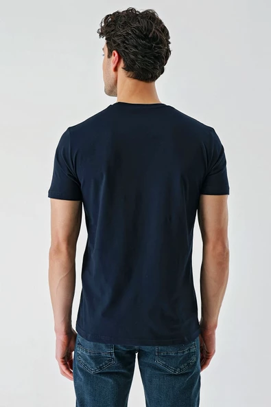 Koyu Lacivert Baskılı Bisiklet Yaka Casual Slim Fit Tişört 1011240169 - Resim 7