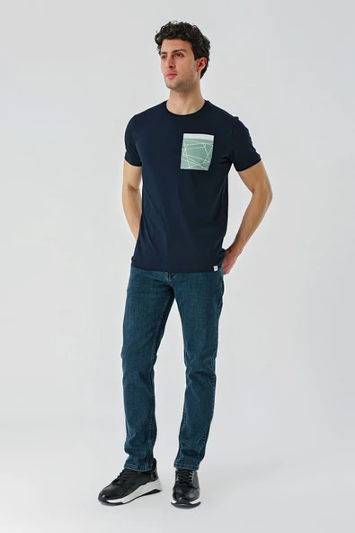 Koyu Lacivert Baskılı Bisiklet Yaka Casual Slim Fit Tişört 1011240169 - Resim 5