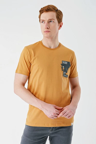 Hardal Baskılı Bez Ayağı Bisiklet Yaka %100 Pamuk Casual Slim Fit Dar Kesim Tişört 1011240166