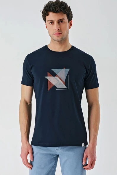 Koyu Lacivert Baskılı Bisiklet Yaka Casual Slim Fit Tişört 1011240168