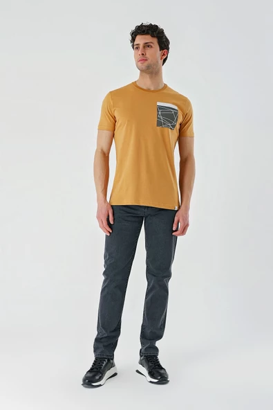Hardal Baskılı Bez Ayağı Bisiklet Yaka %100 Pamuk Casual Slim Fit Dar Kesim Tişört 1011240169 - 4