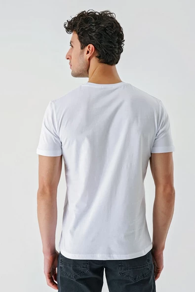 Beyaz Baskılı Bez Ayağı Bisiklet Yaka %100 Pamuk Casual Slim Fit Dar Kesim Tişört 1011240166 - 7