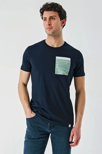 Koyu Lacivert Baskılı Bisiklet Yaka Casual Slim Fit Tişört 1011240169 - Resim 3