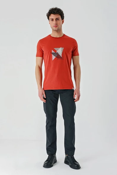 Tarçın Baskılı Bez Ayağı Bisiklet Yaka %100 Pamuk Casual Slim Fit Dar Kesim Tişört 1011240168 - 6