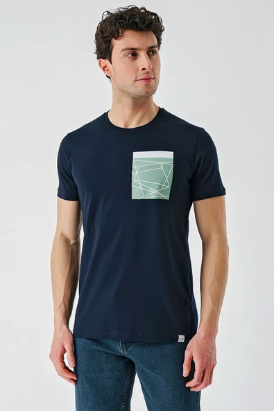 Koyu Lacivert Baskılı Bisiklet Yaka Casual Slim Fit Tişört 1011240169 - Resim 2