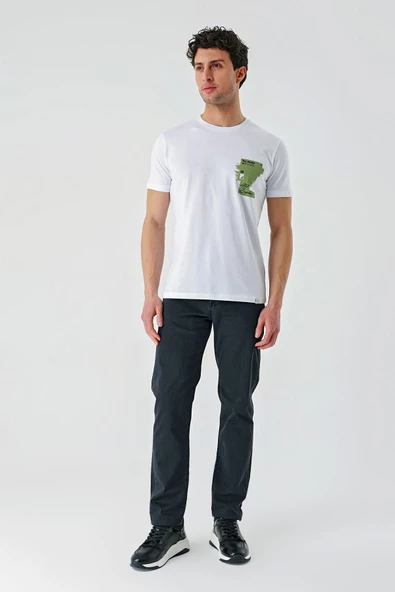 Beyaz Baskılı Bez Ayağı Bisiklet Yaka %100 Pamuk Casual Slim Fit Dar Kesim Tişört 1011240166 - 5