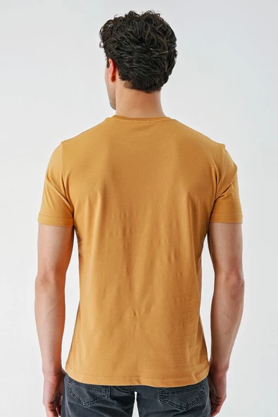 Hardal Baskılı Bez Ayağı Bisiklet Yaka %100 Pamuk Casual Slim Fit Dar Kesim Tişört 1011240169 - 7
