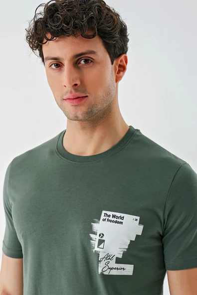 Koyu Haki Baskılı Bez Ayağı Bisiklet Yaka %100 Pamuk Casual Slim Fit Dar Kesim Tişört 1011240166 - Resim 6