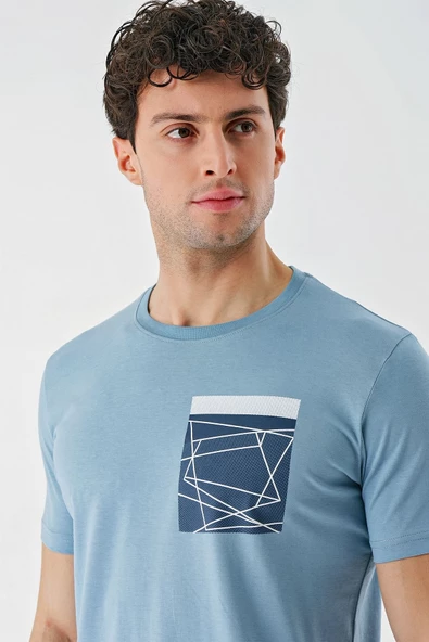 Koyu Mavi Baskılı Bez Ayağı Bisiklet Yaka %100 Pamuk Casual Slim Fit Dar Kesim Tişört 1011240169 - Resim 6