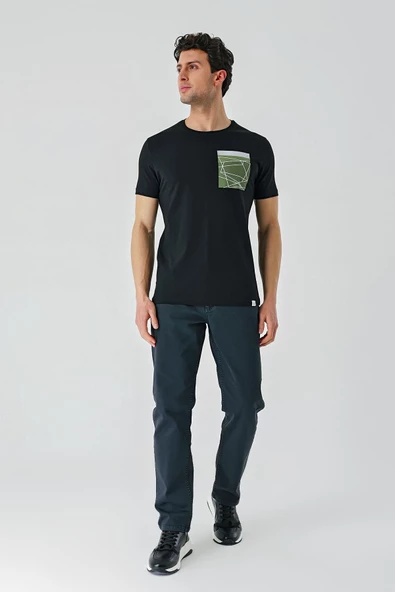 Siyah Baskılı Bez Ayağı Bisiklet Yaka %100 Pamuk Casual Slim Fit Dar Kesim Tişört 1011240169 - 9