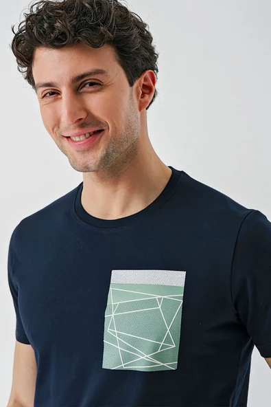 Koyu Lacivert Baskılı Bisiklet Yaka Casual Slim Fit Tişört 1011240169 - Resim 6