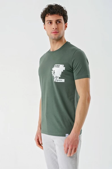 Koyu Haki Baskılı Bez Ayağı Bisiklet Yaka %100 Pamuk Casual Slim Fit Dar Kesim Tişört 1011240166 - Resim 3