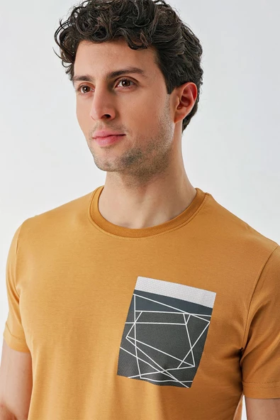 Hardal Baskılı Bez Ayağı Bisiklet Yaka %100 Pamuk Casual Slim Fit Dar Kesim Tişört 1011240169 - 6