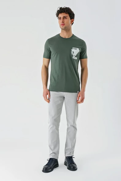 Koyu Haki Baskılı Bez Ayağı Bisiklet Yaka %100 Pamuk Casual Slim Fit Dar Kesim Tişört 1011240166 - Resim 5