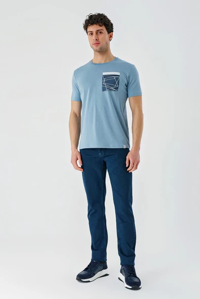 Koyu Mavi Baskılı Bez Ayağı Bisiklet Yaka %100 Pamuk Casual Slim Fit Dar Kesim Tişört 1011240169 - Resim 4