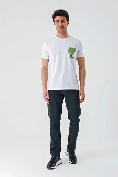 Beyaz Baskılı Bez Ayağı Bisiklet Yaka %100 Pamuk Casual Slim Fit Dar Kesim Tişört 1011240166 - 4